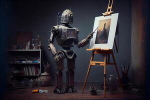 génératif ai illustration de cyborg ai robot artiste dans foncé studio suivant à le sien chevalet, La peinture et des peintures tandis que fonctionnement, neural réseau généré art. numériquement peinture, généré image. photo