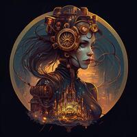 génératif ai illustration de cyberpunk zodiaque signe avec une industriel fumée, mécanicien détail sur épaules, pollution, centré à l'intérieur complexe or et Feu cercle de ville et grattes ciels, vapeur punk photo