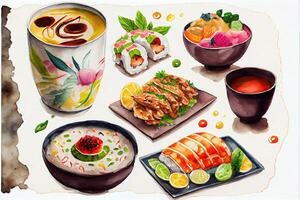 génératif ai illustration de knolling Japonais cuisine nourriture, aquarelle peindre style, ensemble de asiatique nourriture photo