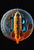 génératif ai illustration de bitcoin à le lune, bit pièce de monnaie logo et vaisseau spatial photo