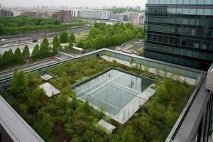 génératif ai illustration de magnifique jardin sur le toit de une contemporain verre Bureau bâtiment dans Asie photo