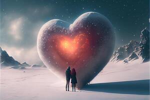 génératif ai illustration de une Tempête De Neige de l'amour. couple embrasser dans neige. gros cœur. l'amour et Valentin journée concept. neural réseau généré art. numériquement généré image. photo