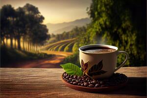 génératif ai illustration de tasse de café et café des haricots sur vieux en bois table et le plantations thé colline Contexte photo