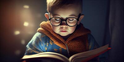 génératif ai illustration de intelligent mignonne garçon dans des lunettes en train de lire une livre, volumn lumière photo