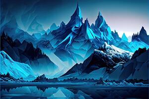 génératif ai illustration de abstrait hiver la glace Montagne paysage avec différent nuances de bleu photo