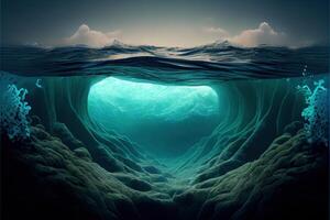 génératif ai illustration de océan profondeur. sous-marin vide paysage, océan bas, mer vague photo