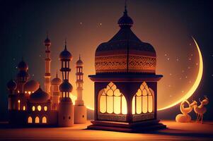 génératif ai illustration de islamique vacances. Ramadan nuit. mosquée et lanterne affiché sur étapes avec embrasé lumière dans le soir. fond d'écran et bannière Contexte. photo