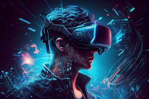 génératif ai illustration de homme avec virtuel réalité vr lunettes en jouant ar augmenté réalité Jeu et divertissement, futuriste métaverse gamefi nft Jeu des idées photo