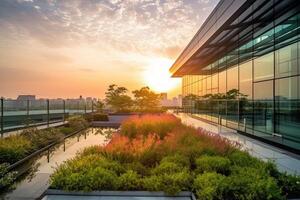 génératif ai illustration de magnifique jardin sur le toit de une contemporain verre Bureau bâtiment dans Asie photo