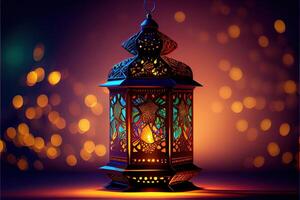 génératif ai illustration de musulman saint mois Ramadan kareem arabe lanterne avec bokeh, néon lumière et lanterne affiché sur étapes avec embrasé lumière dans le soir. fond d'écran et bannière Contexte. photo