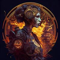 génératif ai illustration de cyberpunk zodiaque signe avec une industriel fumée, mécanicien détail sur épaules, pollution, centré à l'intérieur complexe or et Feu cercle de ville et grattes ciels, vapeur punk photo