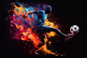 génératif ai illustration de le essence de une football joueur dans mouvement comme elles ou ils donner un coup une Balle avec intense énergie, entouré par vibrant couleurs et éclaboussures photo