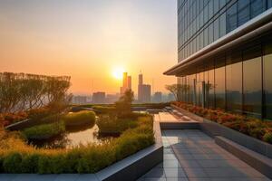 génératif ai illustration de magnifique jardin sur le toit de une contemporain verre Bureau bâtiment dans Asie photo