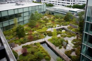 génératif ai illustration de magnifique jardin sur le toit de une contemporain verre Bureau bâtiment dans Asie photo