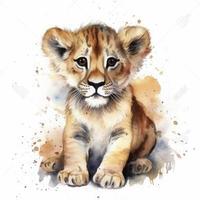 mignonne petit bébé lion, l'eau couleur, pastel Couleur sur blanc Contexte photo