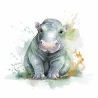 mignonne petit bébé hippopotame, l'eau couleur, pastel Couleur avec blanc arrière-plan, générer ai photo