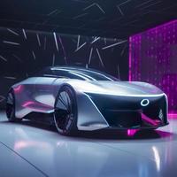 une futuriste concept voiture dévoilement, une lisse et innovant conception, une haute technologie convention centre, un électrique atmosphère, générer ai photo