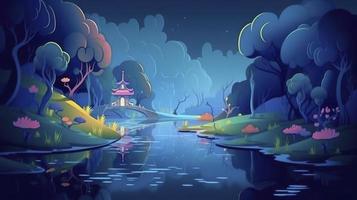 une magique Conte de fée paysage avec une forêt lac, enchanté jardin, et une mystérieux bleu arrière-plan, produire ai photo