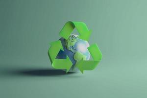 3d le rendu vert recycler signe avec globe sur Contexte enregistrer le monde et environnement concept, générer ai photo