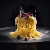 moléculaire la gastronomie inspiré reconstruit spaghetti carbonara, moderne art extrêmement détaillé bague à manger moléculaire la gastronomie spaghetti carbonara art, générer ai photo
