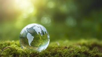 une verre globe concept journée Terre enregistrer le monde enregistrer environnement le monde est dans le herbe de le vert bokeh arrière-plan, générer ai photo