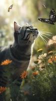 une espiègle chat ciselure une papillon autour une jardin plein de fleurs, produire ai photo