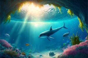 nager dauphin à le bas de le mer avec rayons de soleil.ocean coloré Contexte avec lumière éclater dauphins et poissons.ai généré. photo