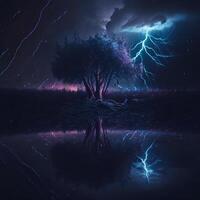 foudre dans le nuit ciel contre le Contexte de une étang et un vieux arbre.dark illustration de une orage contre une Célibataire arbre.ai généré. photo