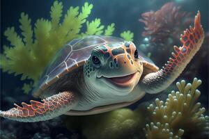souriant marrant rouge mer tortue nage dans le sous-marin background.cute de bonne humeur tortue dans le Contexte de le océan paysage.ai généré. photo