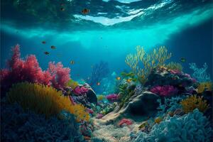 coloré multicolore sous-marin paysage avec corail poisson et des pierres. petit noir et Jaune poisson sur le mer Contexte. ai généré. photo