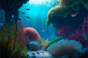 coloré multicolore sous-marin paysage avec corail poisson et des pierres avec Soleil des rayons sur le Contexte. océanique Contexte avec tropical flore et faune.ai généré. photo