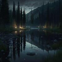 paysage de une calme rivière avec des pierres et lucioles contre le toile de fond de les forêts et montagnes dans le nuit lumière.ai généré. photo