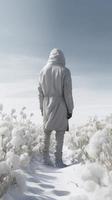 une homme dans une blanc sweat à capuche est en marchant le long de le blanc neigeux désert, cache le sien visage et flottant dans le du froid hiver vent, générer ai photo