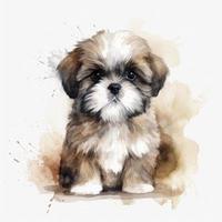 mignonne duveteux aquarelle de une shih tzu chiot sur arrière-plan, produire ai photo