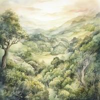 la poêle vue de luxuriant magique forêt et montagnes, aquarelle art, produire ai photo