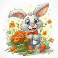 une super mignonne dessin animé lapin, duveteux, sauter, coloré , avec gros yeux et une charmant sourire, en portant une carotte, entouré par fleurs, sur une ensoleillé jour, dessin animé style, générer ai photo