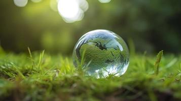 une verre globe concept journée Terre enregistrer le monde enregistrer environnement le monde est dans le herbe de le vert bokeh arrière-plan, générer ai photo