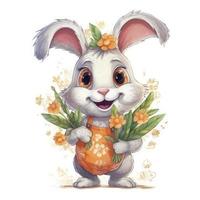 une super mignonne dessin animé lapin, duveteux, sauter, coloré , avec gros yeux et une charmant sourire, en portant une carotte, entouré par fleurs, sur une ensoleillé jour, dessin animé style, générer ai photo