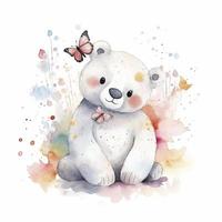 mignonne peu blanc ours avec papillons, aquarelle, lumière et pastel couleurs sur blanc arrière-plan, générer ai photo