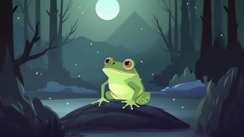 dessin animé grenouille dans nuit forêt sauvage marrant crapaud, générer ai photo