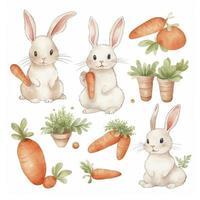 Facile kawaii mignonne jolie lapin, carotte, feuille de les pièces, aquarelle, blanc arrière-plan, générer ai photo