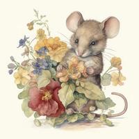 une sucré peu Souris avec une gros bouquet de fleurs, générer ai photo