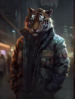 une joufflu mais fort tigre vivant dans le cyberpunk ville, tigre diriger, portant une gros cuir veste, refroidissement, plein corps, grincheux affronter, réaliste pétrole peinture, générer ai photo