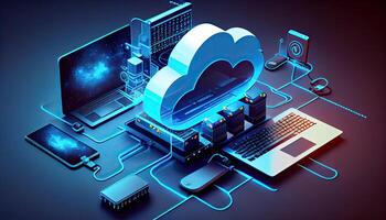 nuage La technologie l'informatique dispositifs connecté à numérique espace de rangement dans le Les données centre via le l'Internet iot intelligent Accueil la communication portable tablette téléphone dispositifs homme d'affaire en utilisant La technologie généré ai photo