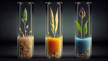 plante des graines dans tester tubes pour la génétique recherche. laboratoire une analyse de agricole produits de base généré ai photo