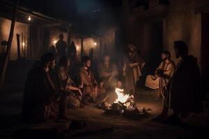 gens séance le Feu nuit romain Empire. ai généré photo