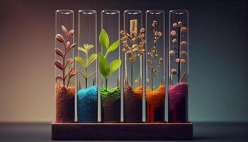 plante des graines dans tester tubes pour la génétique recherche. laboratoire une analyse de agricole produits de base généré ai photo