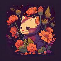 floral dessin animé mignonne chat - ai généré photo