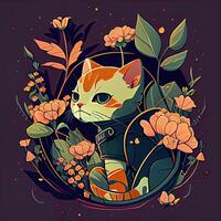 floral dessin animé mignonne chat - ai généré photo