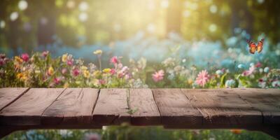 vide en bois table avec printemps fleur et papillon arrière-plan, gratuit espace pour produit afficher. génératif ai photo